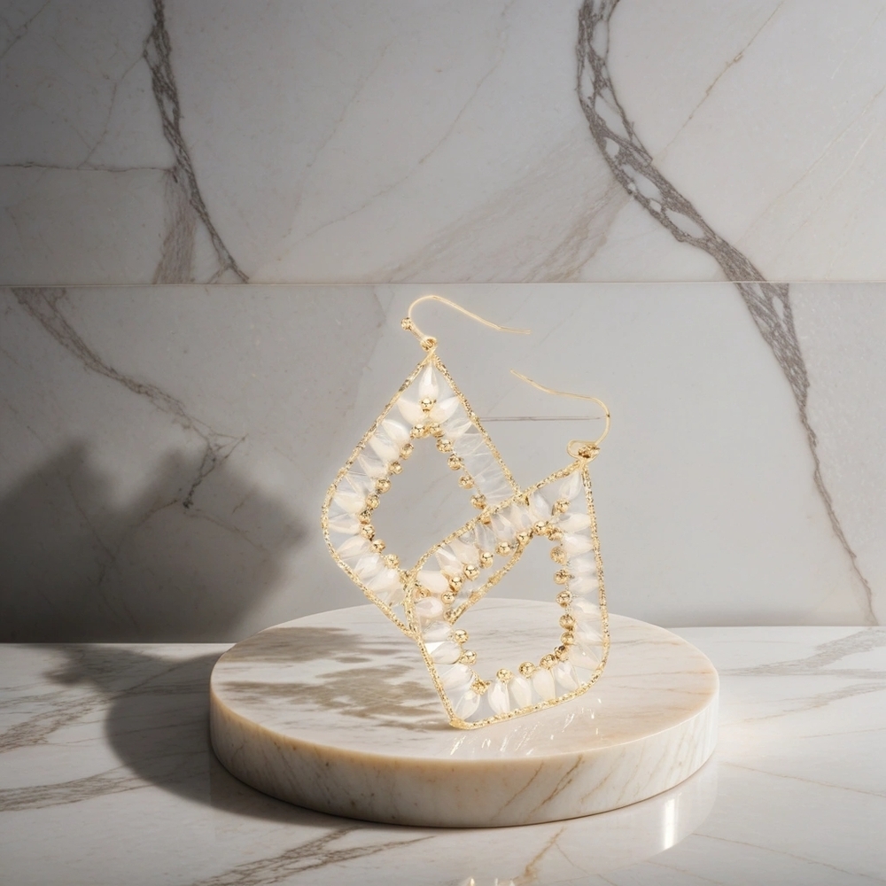 Creme Petal Paradise: Bead-Embellished Dangle Earrings